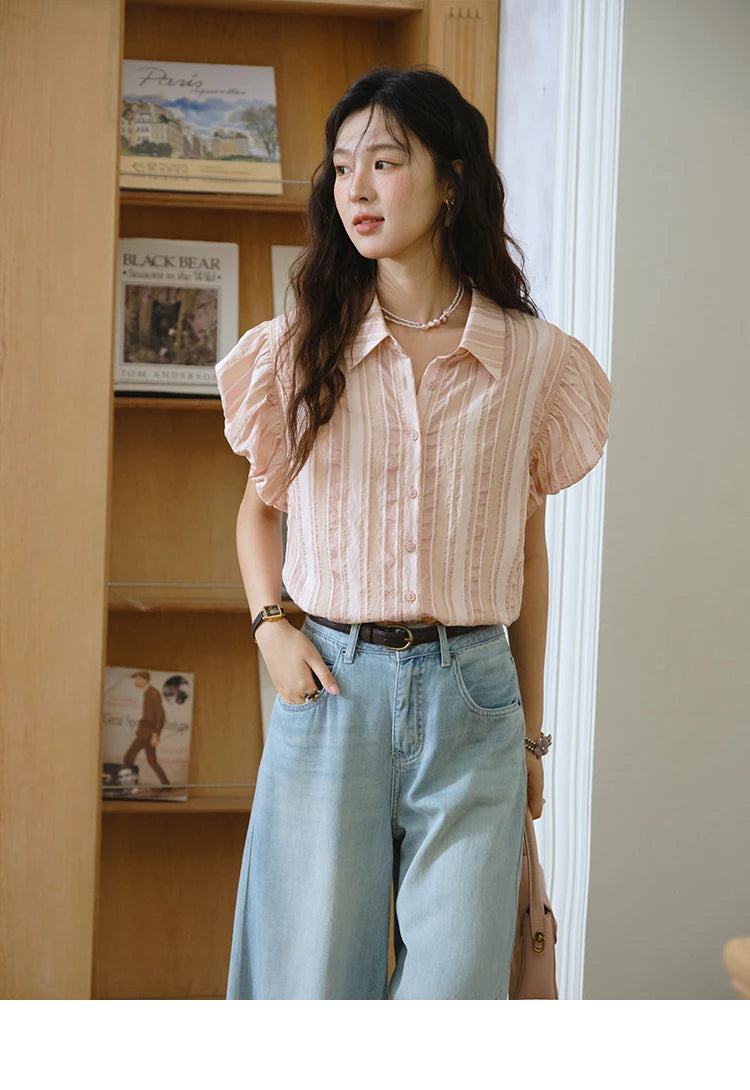 MISHOW Pink Turn-Down Collar Shirt Flower Bud Sleeve Striped MXD24C0204