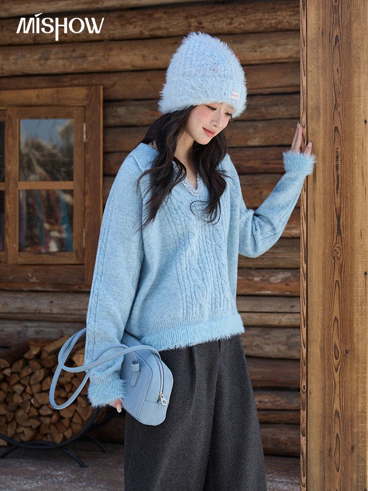 Mishow Blue Polo Collar Cable Faux Mink Pullover MXE88Z2756