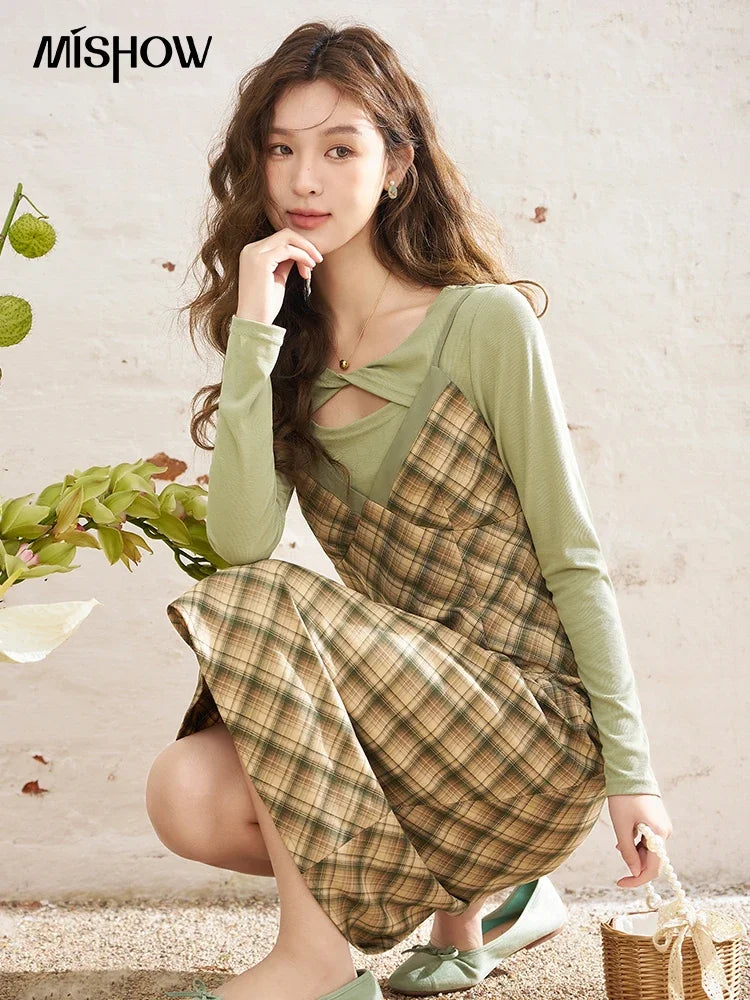 Mishow Hollow Knit Top & Plaid Suspender Dress Set MXD14L1679
