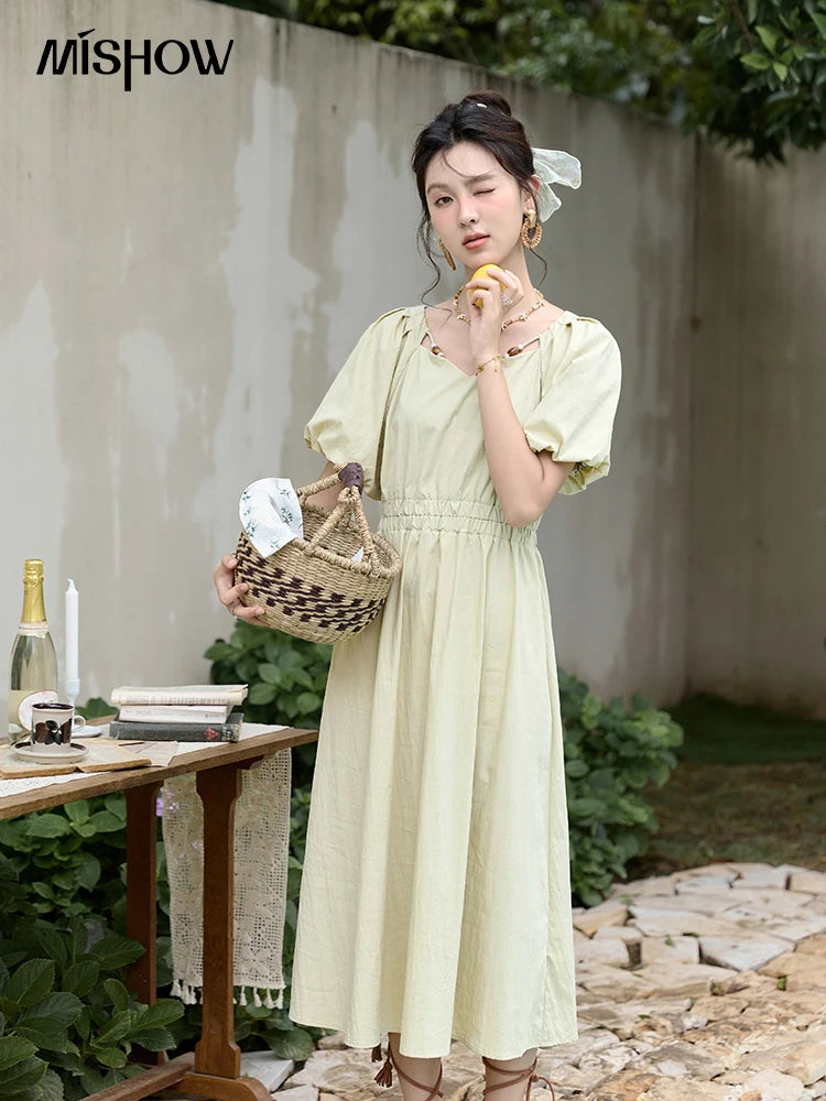 Mishow French V-Neck Bubble Sleeve Back Green Dress MXD22L1825