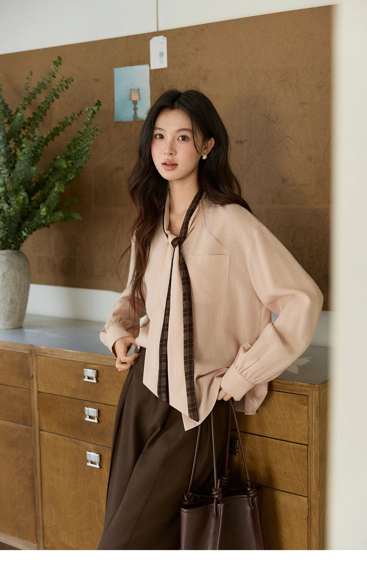 MISHOW Dusty Pink Shirt Plaid Tie Neck Lantern Sleeve MXF108C0817