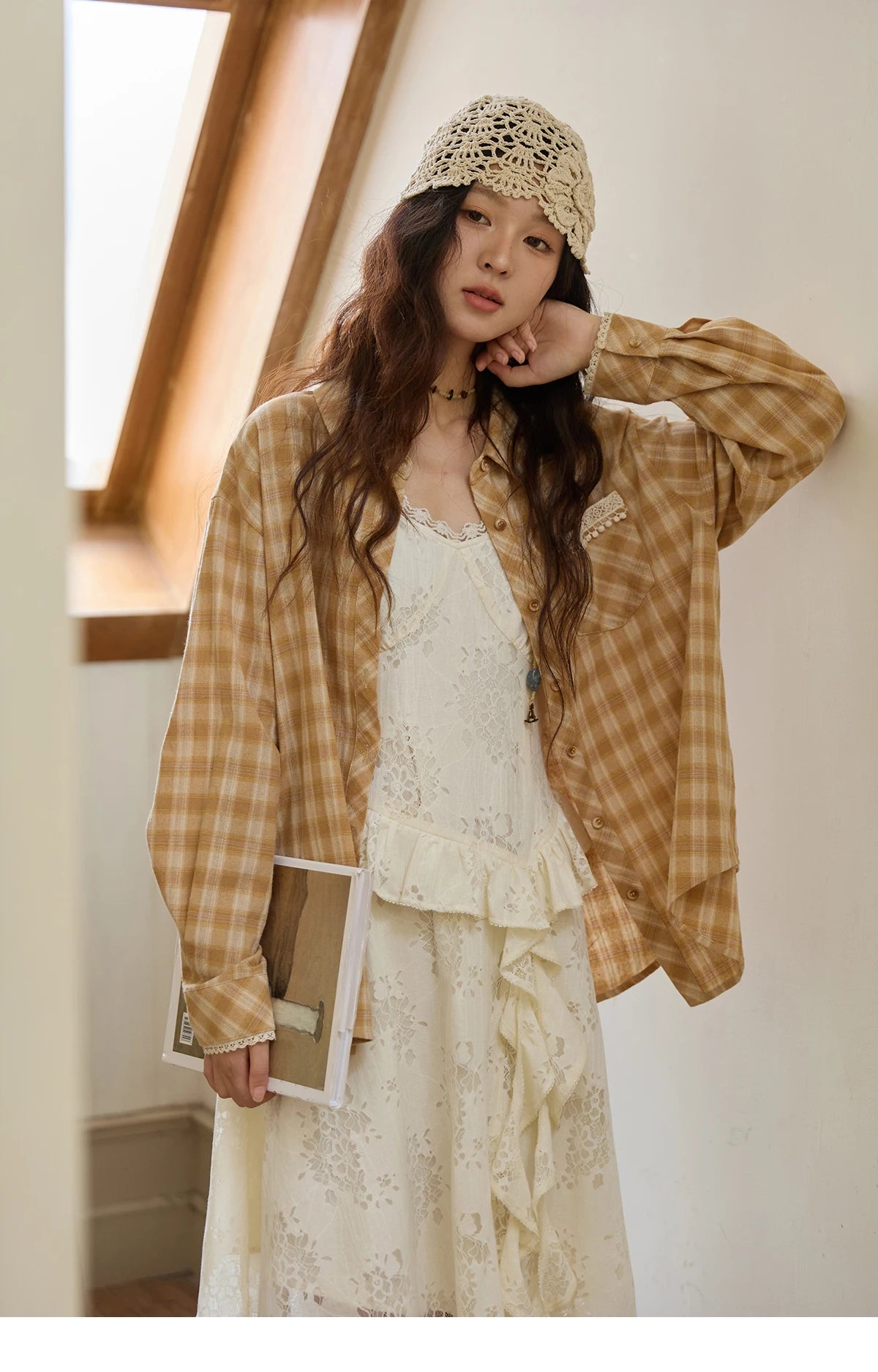 MISHOW Retro Plaid Shirt Lace Pocket Lapel Collar MXE43C2378
