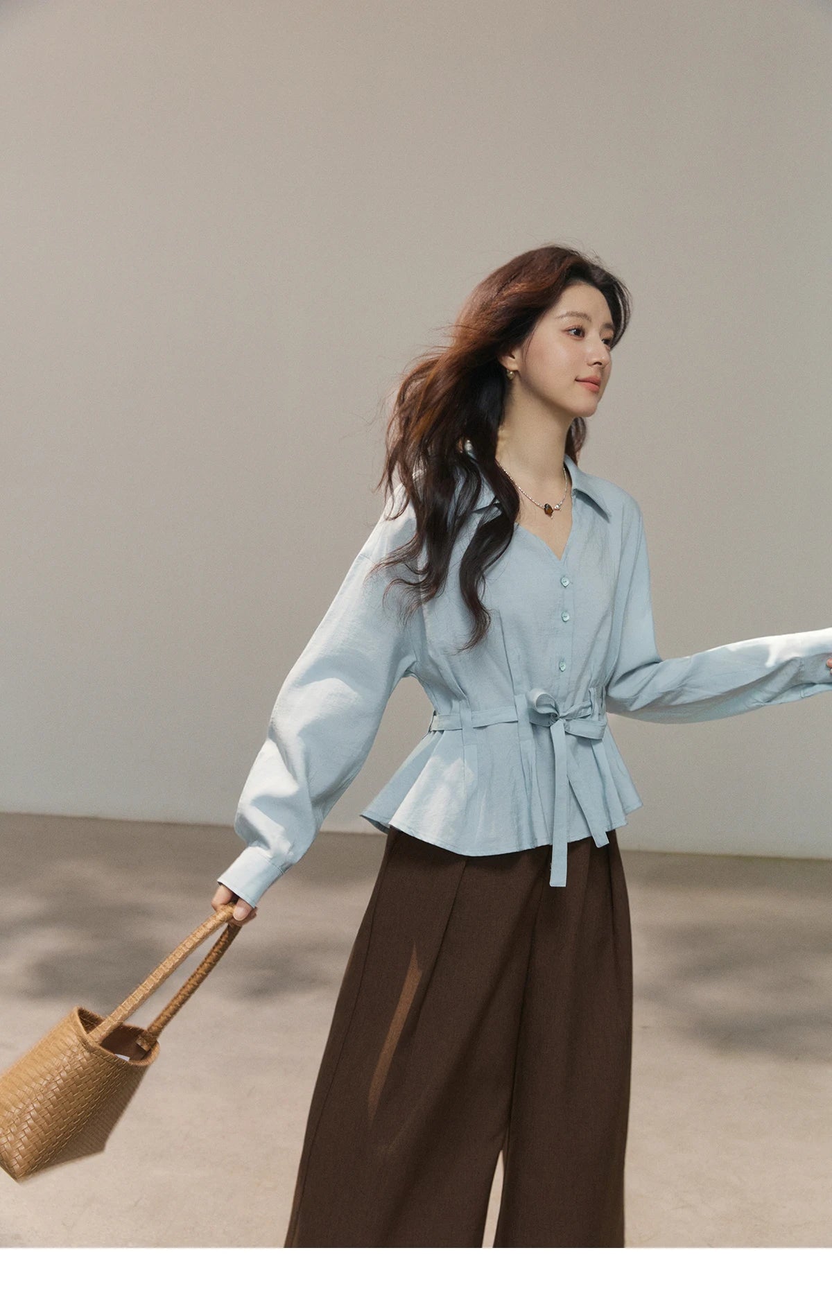 MISHOW Light Blue Lyocell Shirt V-Neck Belted Waist MXF13C2437