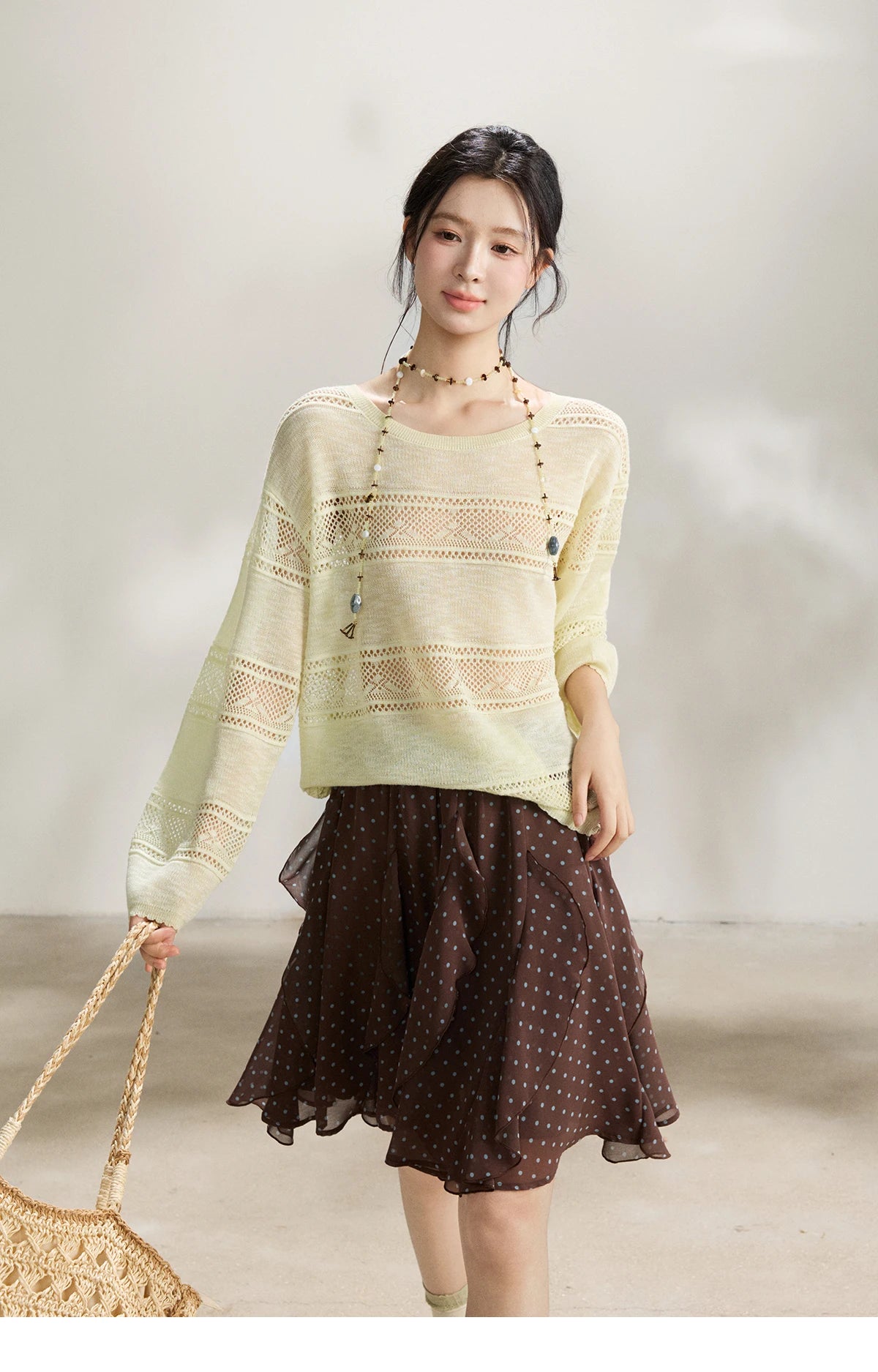 Mishow Pale Yellow Crew Neck Hollow Top MXF13Z3020