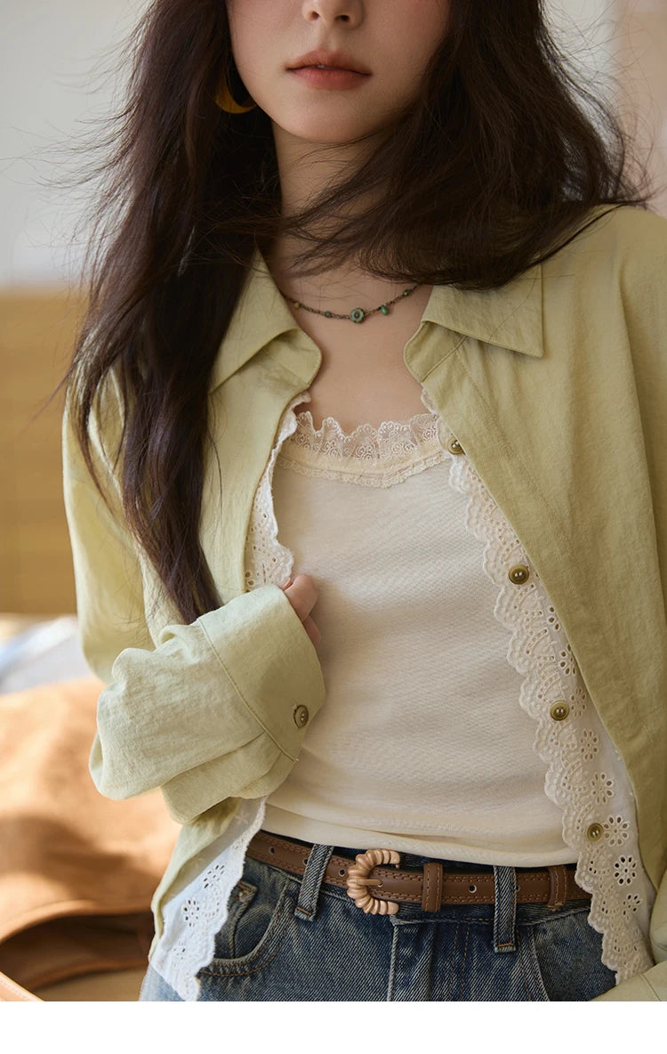 MISHOW Green Fake Two Piece Shirt Lace Patchwork Lapel MXE41C2348