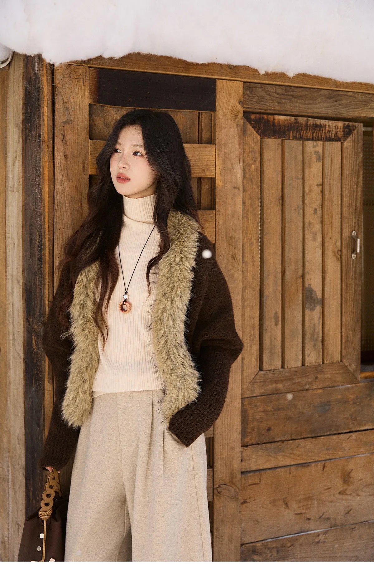 MISHOW Brown Knitted Cardigan Faux Fur Collar Batwing Sleeve MXE94Z2954
