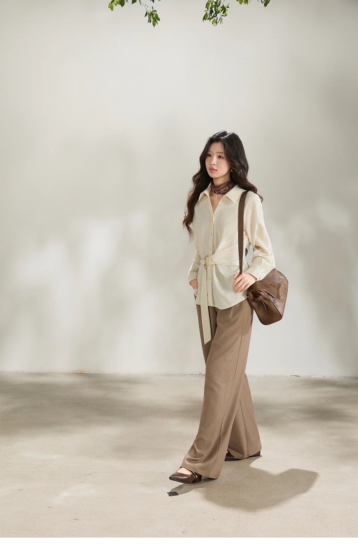 MISHOW Lapel Collar Shirt with Belted Waist Soft Beige MXF13C2452