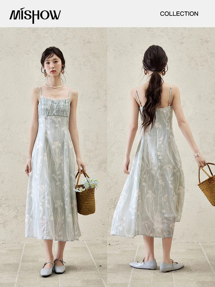 Mishow Print Square Collar Sleeveless Suspender Dress MXE16L2127