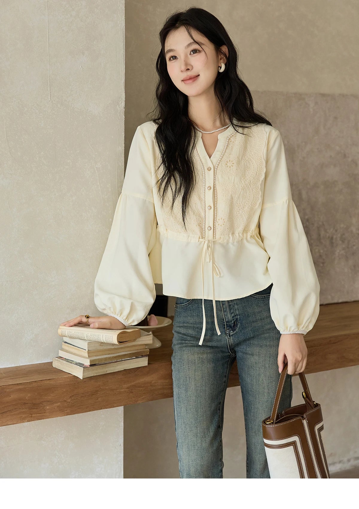 MISHOW French V-Neck Blouse Lace Lantern Sleeve Drawstring Waist MXD45X1660