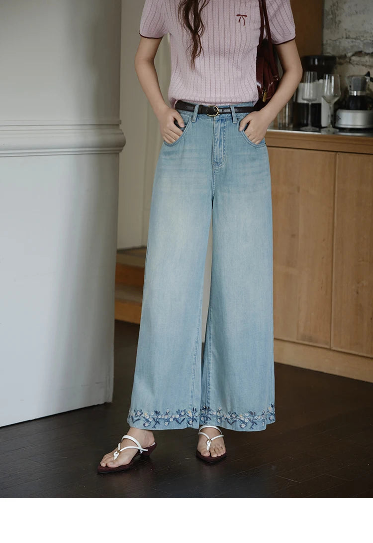 Mishow Flower Embroidery High Waist Wide Leg Jeans MXE37K0991