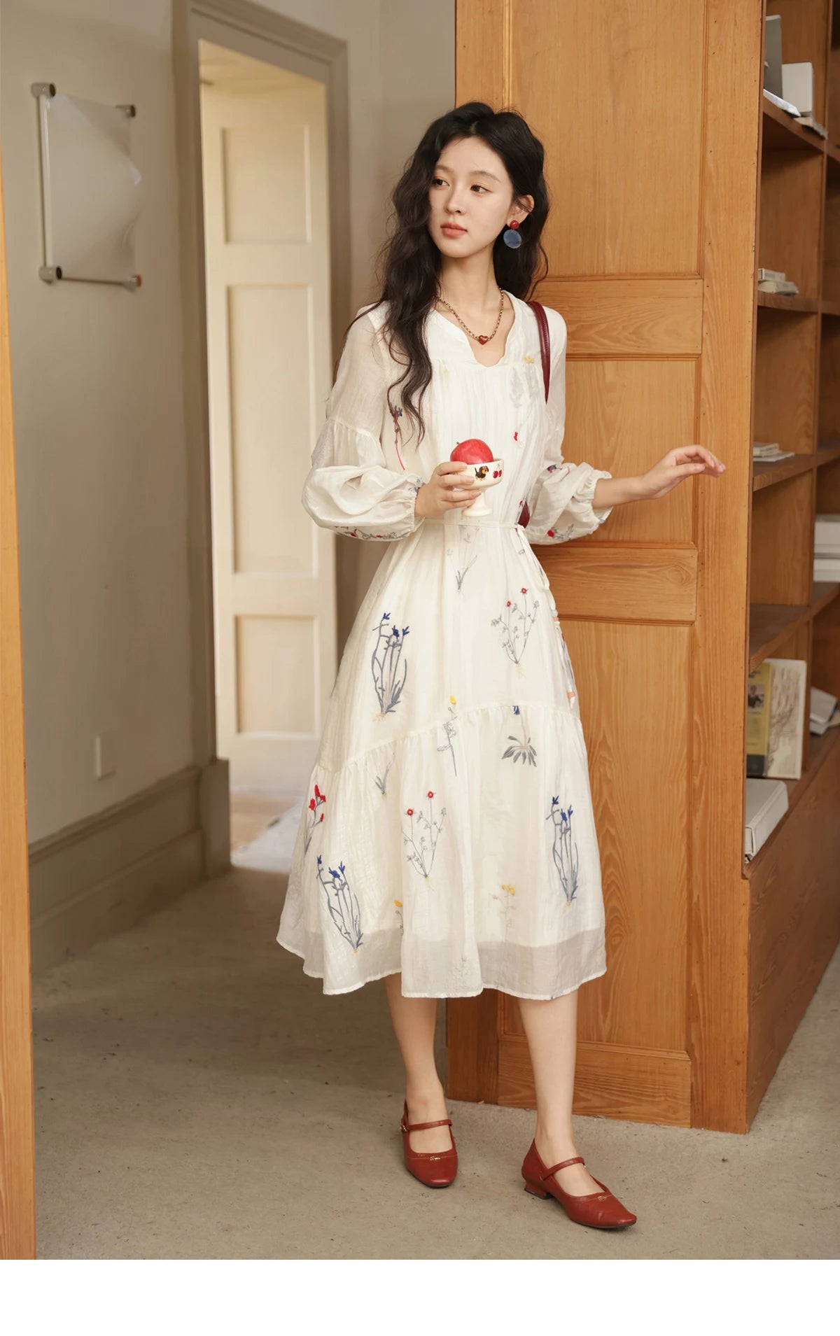 Mishow Beige Curved Collar Lantern Sleeve Tied Dress MXE41L2487