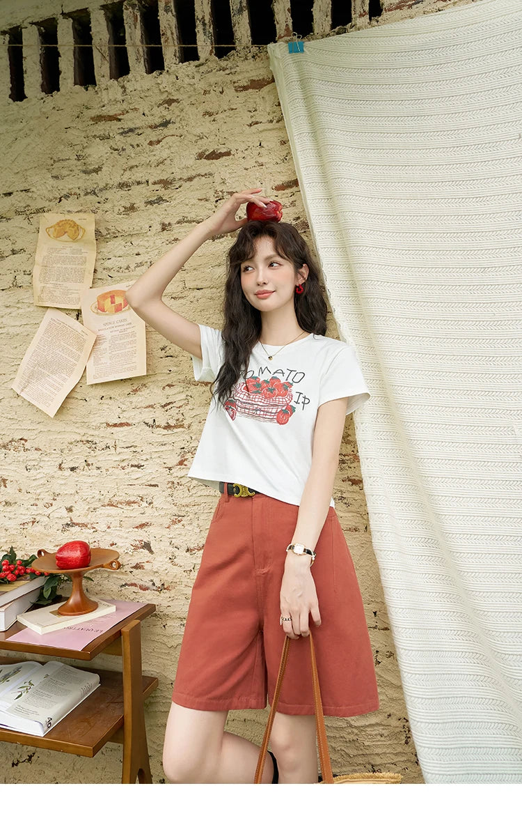 MISHOW Red Casual Shorts High Waist Loose Straight Leg Pockets MXD25K0679
