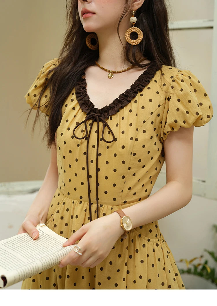 Mishow Polka Dot V-Neck Lace Up Puff Sleeve Dress MXE39L2326