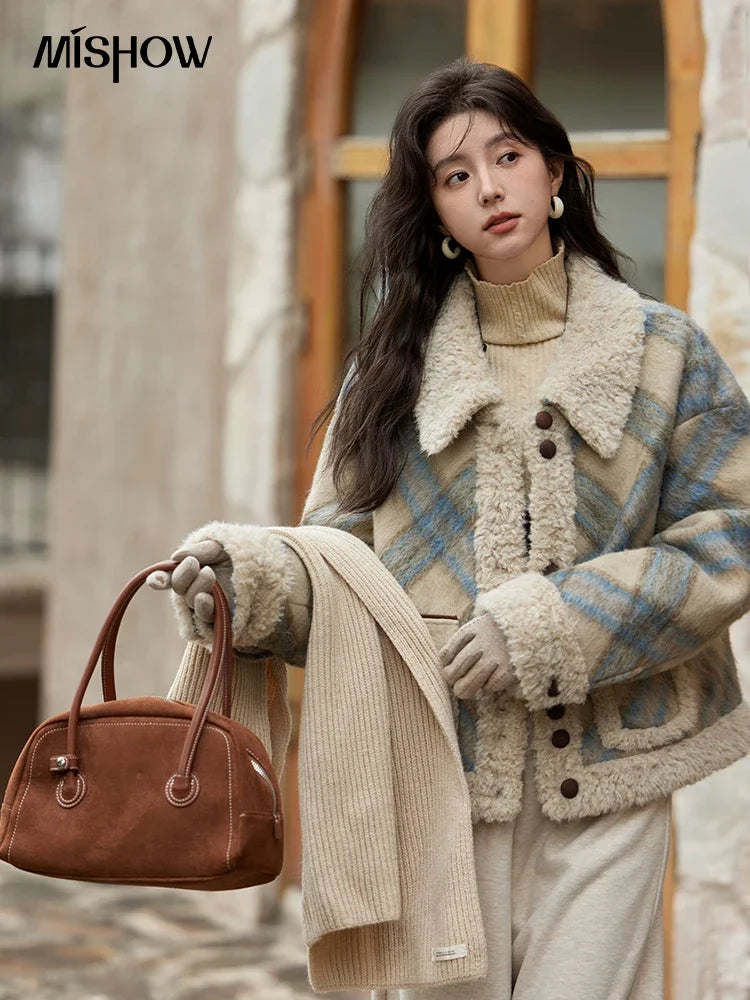 MISHOW Splicing Fleece Plaid Tweed Jacket Turn Down Collar MXD55W0574