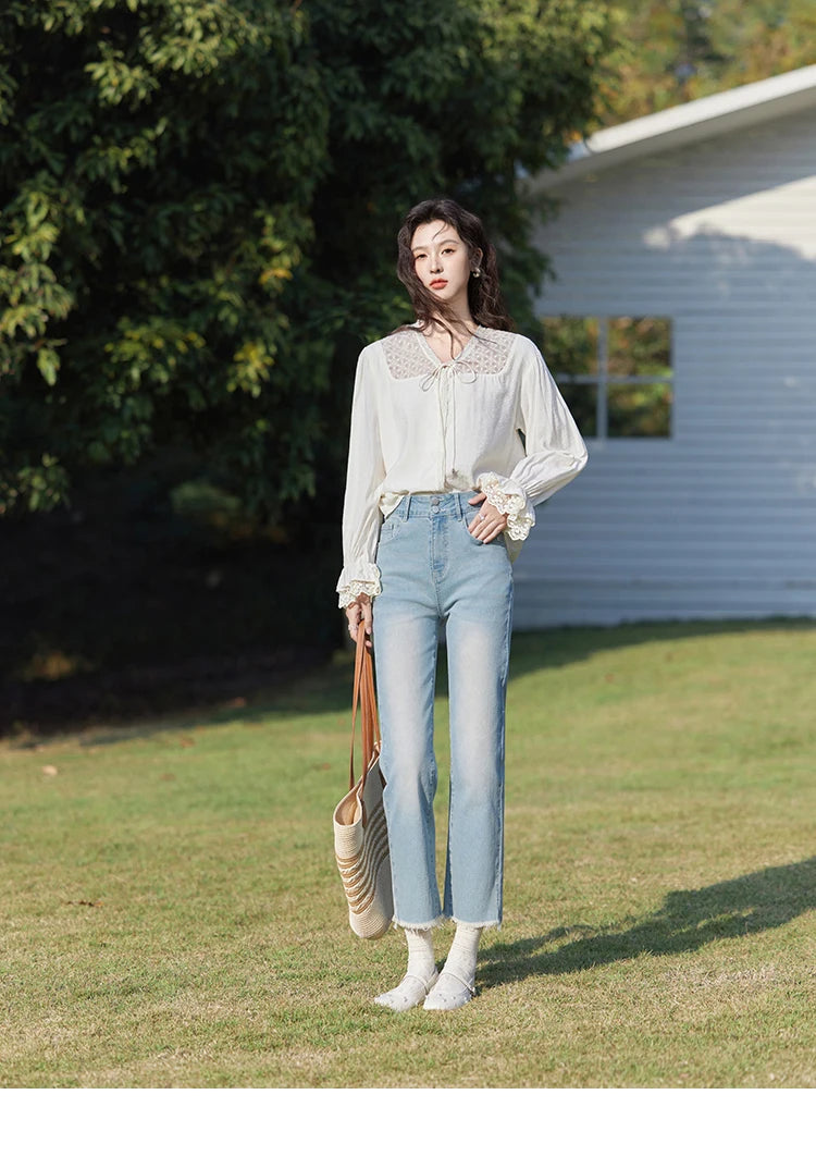 MISHOW Lace Patchwork Shirt V-Neck Fungus Edge Petal Sleeve MXE13X1713