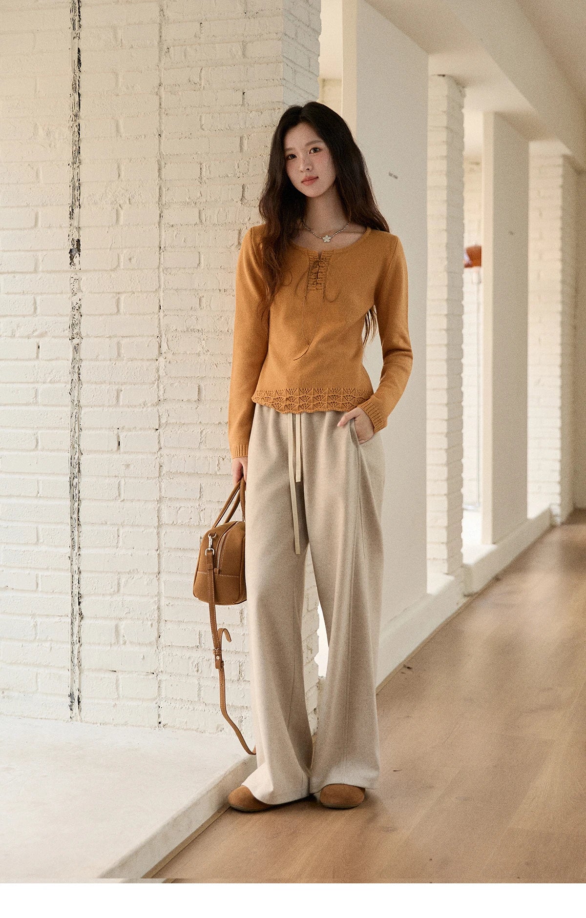 Mishow Beige Contrast French Hem Crochet Sweater MXE89Z2634