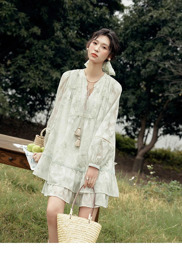 Mishow Floral V-Neck Tassel Lantern Sleeve Dress MXE15L2121