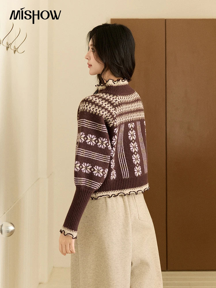 Mishow Brown Fair Isle Lantern Sleeve Zipper Top MXE91Z2868