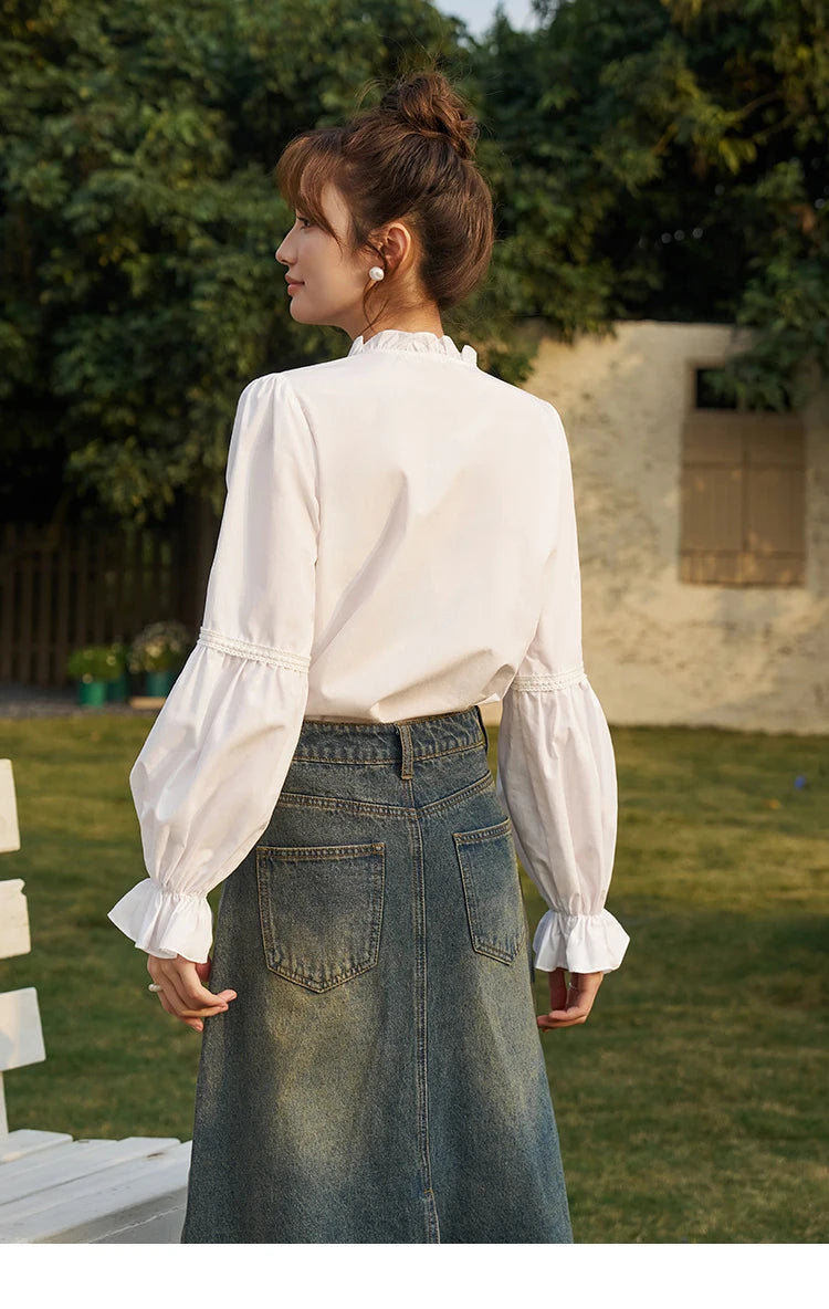 MISHOW French Pleated V-Neck Shirt Petal Patchwork Ruffle Sleeve MXD13X1354