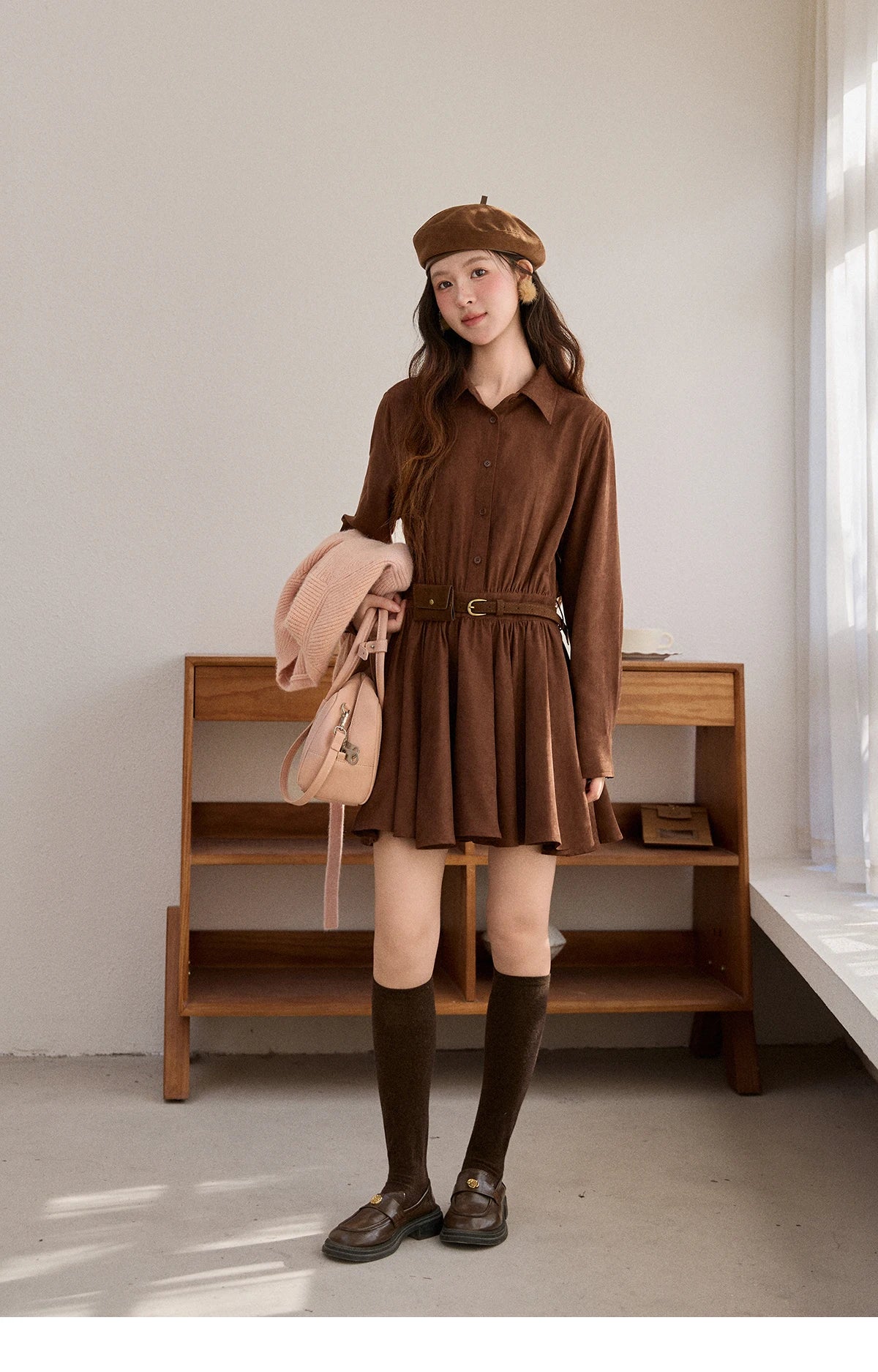 MISHOW Camel Shearling Jacket Faux Fur Collar Splicing Plaid Horn Button MXE91W1002