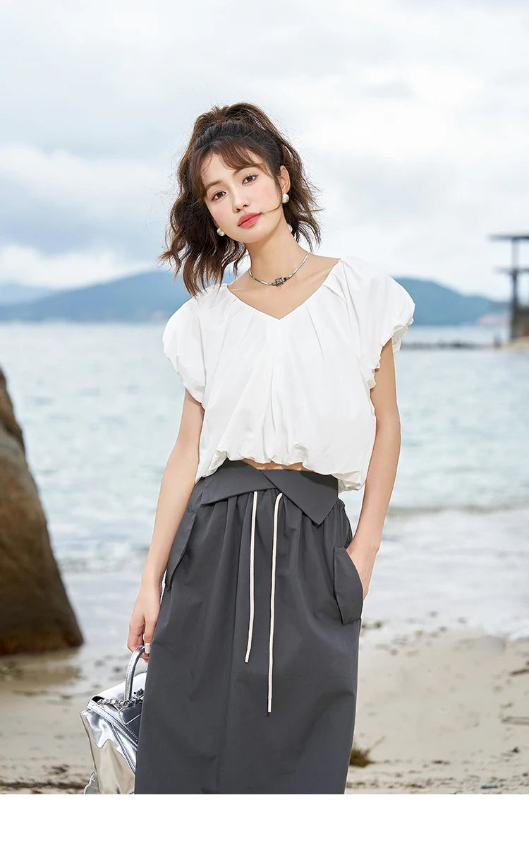 MISHOW French Rear Collar Tie Blouse V-Neck Puff Sleeve MXC38X1275