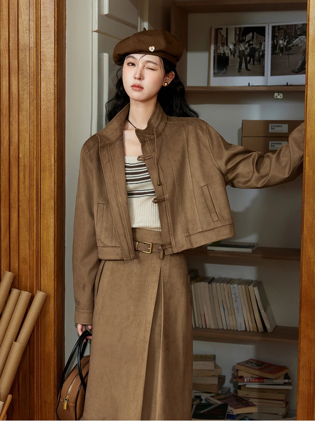 Mishow Retro Suede Stand Collar Jacket & Pleated Skirt Set MXD44W0423
