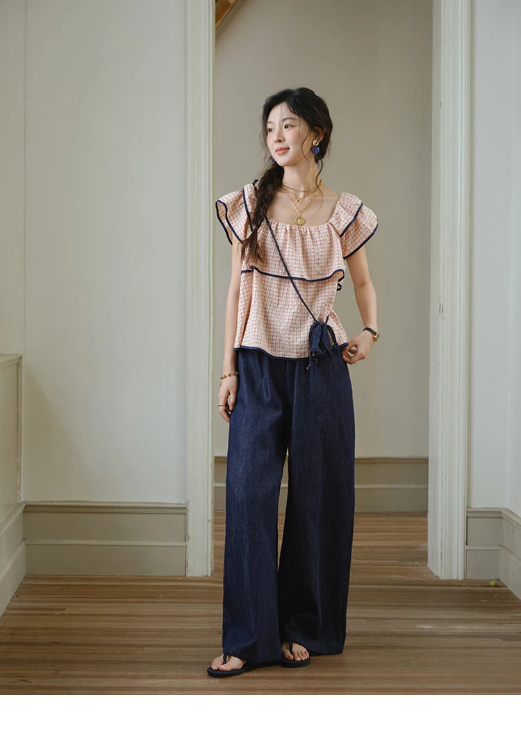 Mishow Square Neck Ruffles Plaid Blouse & High Waist Wide Leg Pants Set MXE36T0636