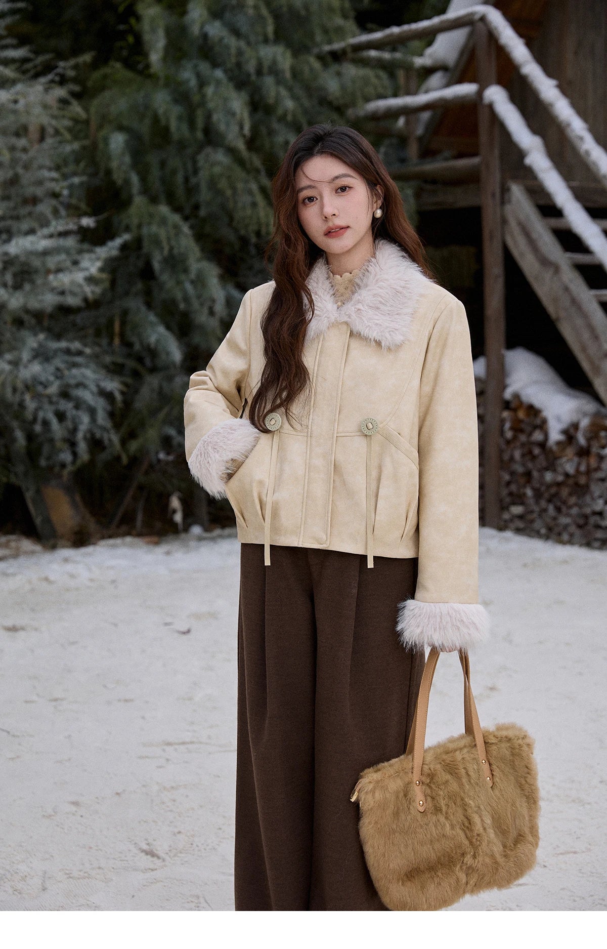 Mishow Apricot Suede Plush Collar Jacket MXE91W0987