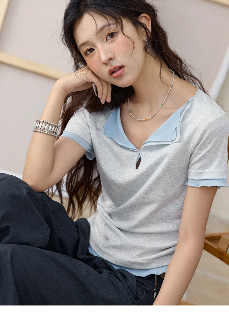 Mishow Grey Blue Fake Two-Piece Wavy Edge Tee MXE35T0567