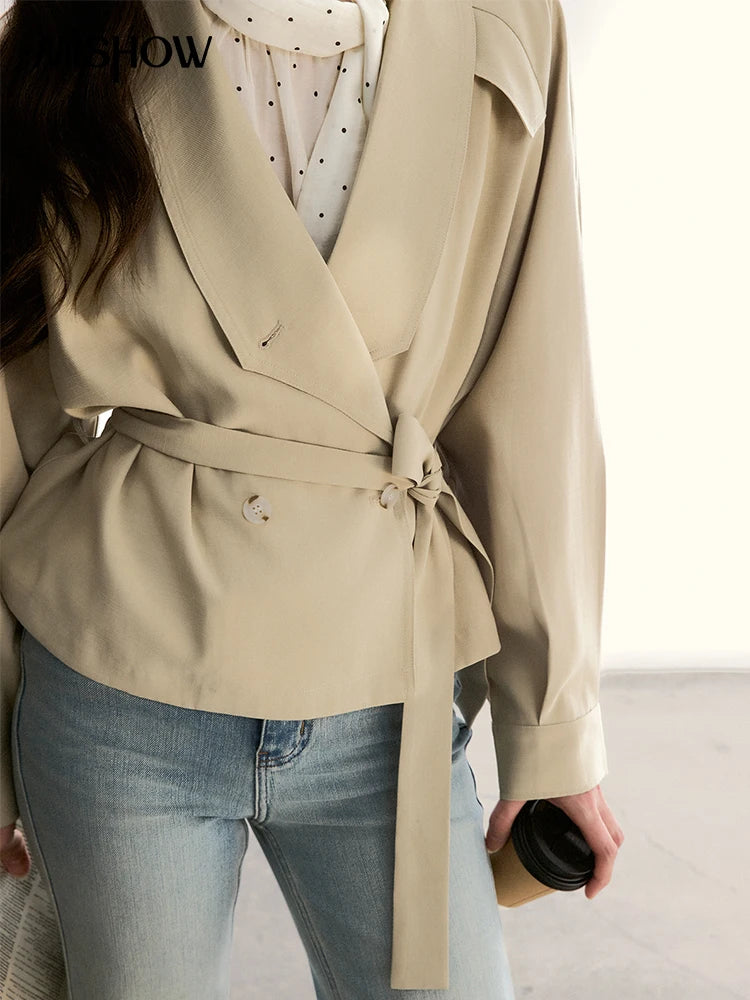 MISHOW Khaki Belted Waist Coat Lapel Double-Breasted Short MXF13W1056