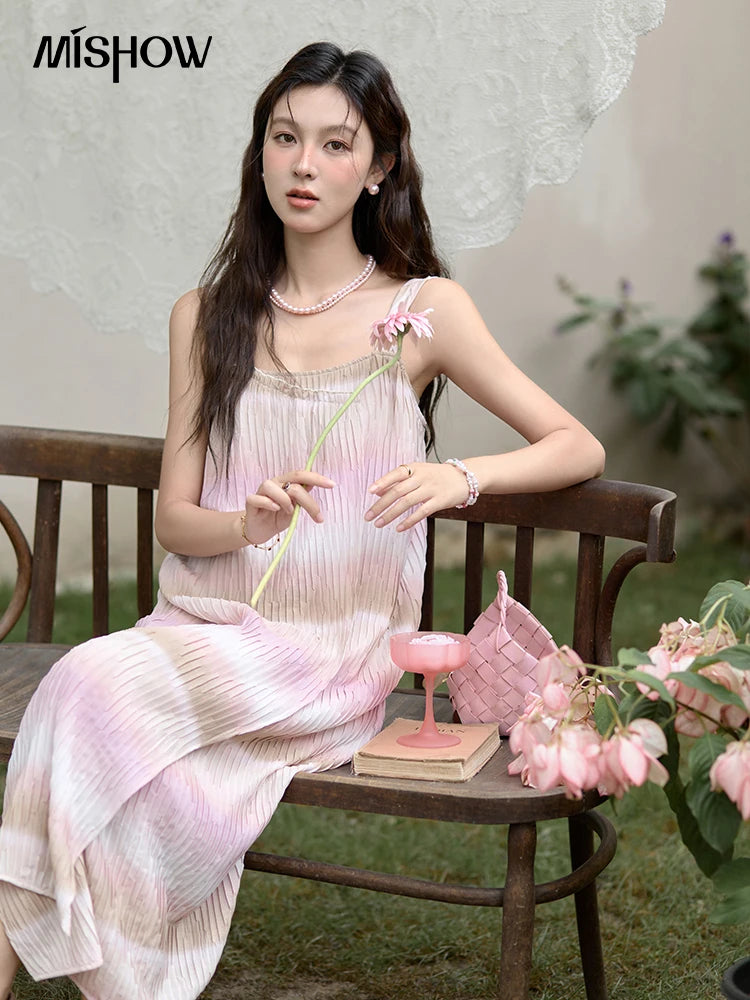 Mishow Pink Striped Sleeveless Irregular Front Dress MXD29L1930