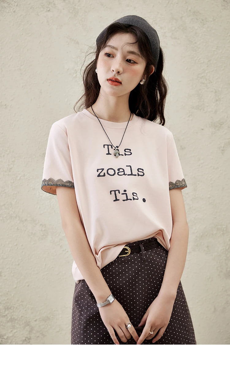 Mishow Pink Letter Print Lace Trim Tee MXE32T0529