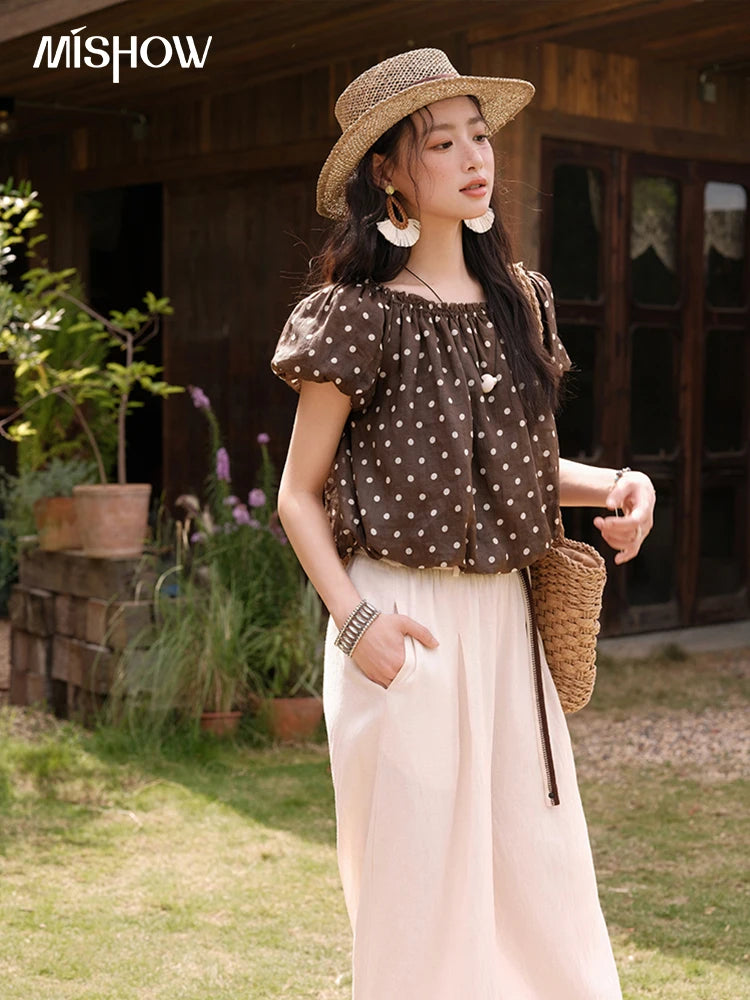 Mishow Polka Dot One Shoulder Puff Sleeve Top & Wide Leg Pants Set MXE38T0683