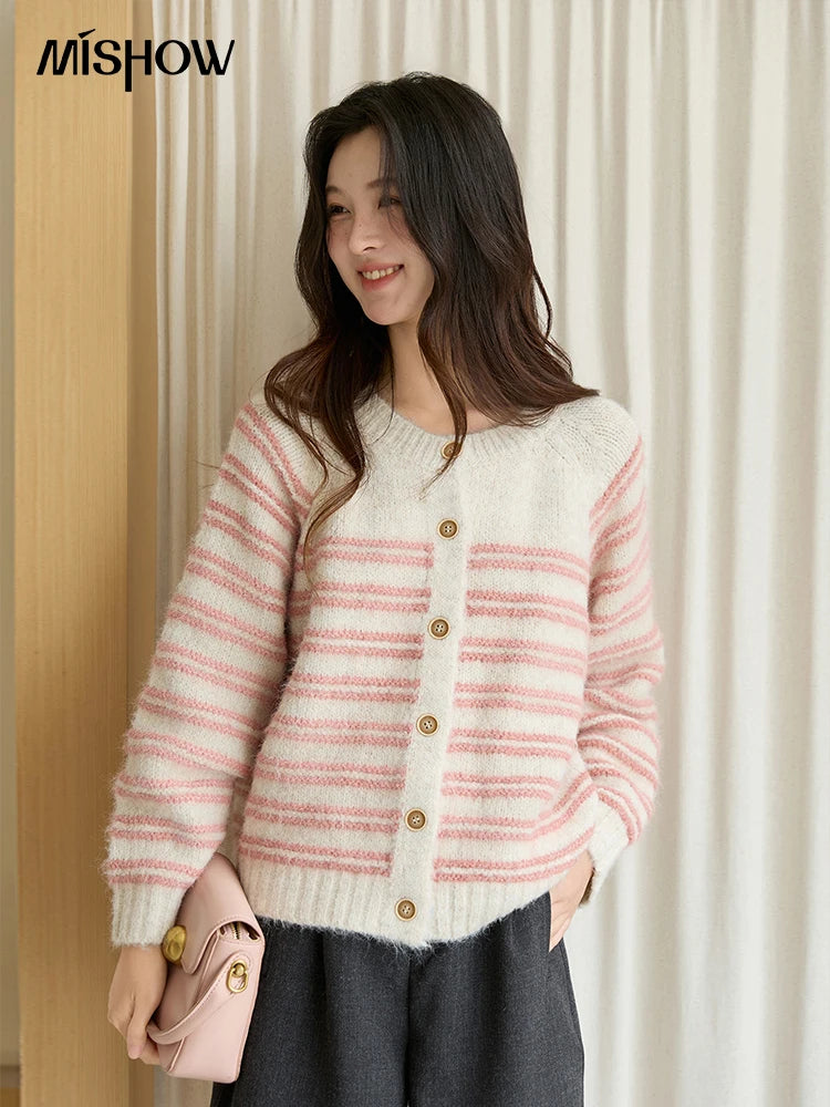 Mishow Pink Striped Wool Blend Cardigan MXE49Z2615