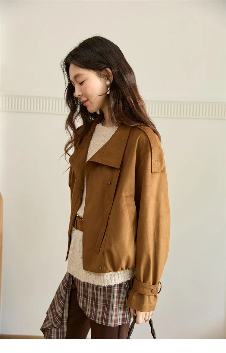MISHOW Vintage Suede Short Jacket Brown Lapel Zipper MXE45W0869