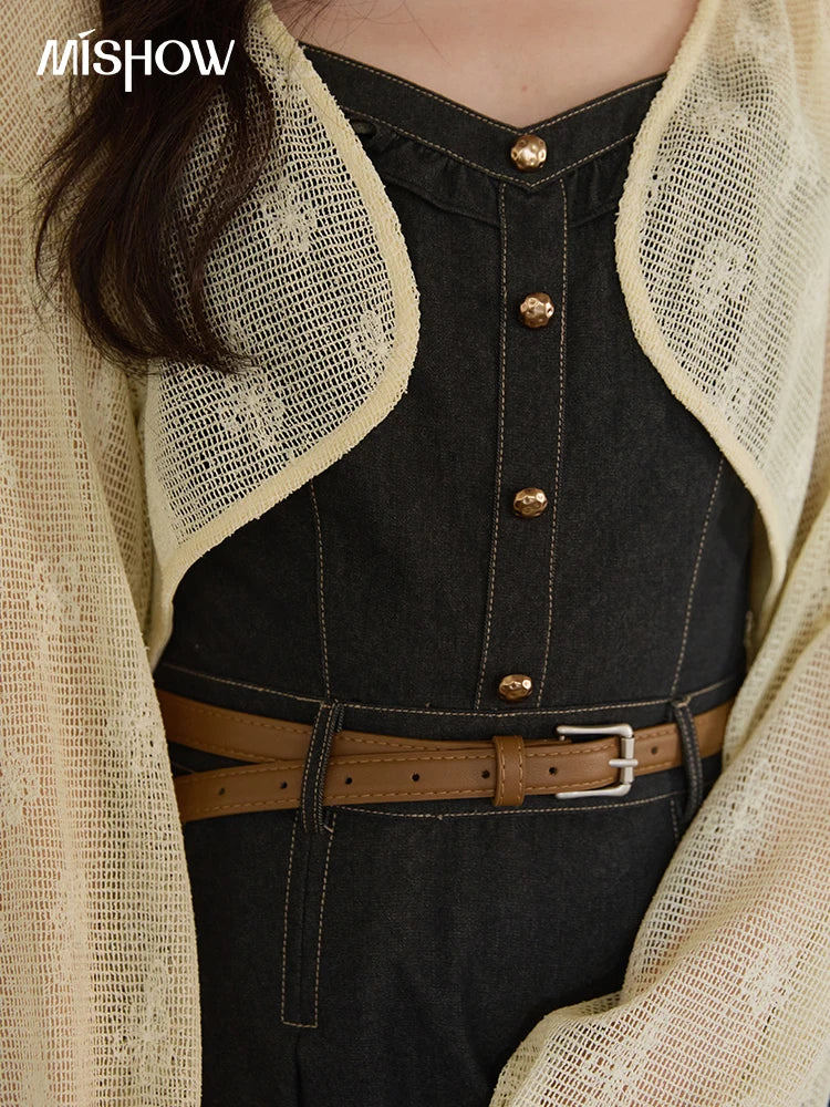 Mishow Lantern Sleeve Cardigan & Denim Strap Dress Set MXE41T0704