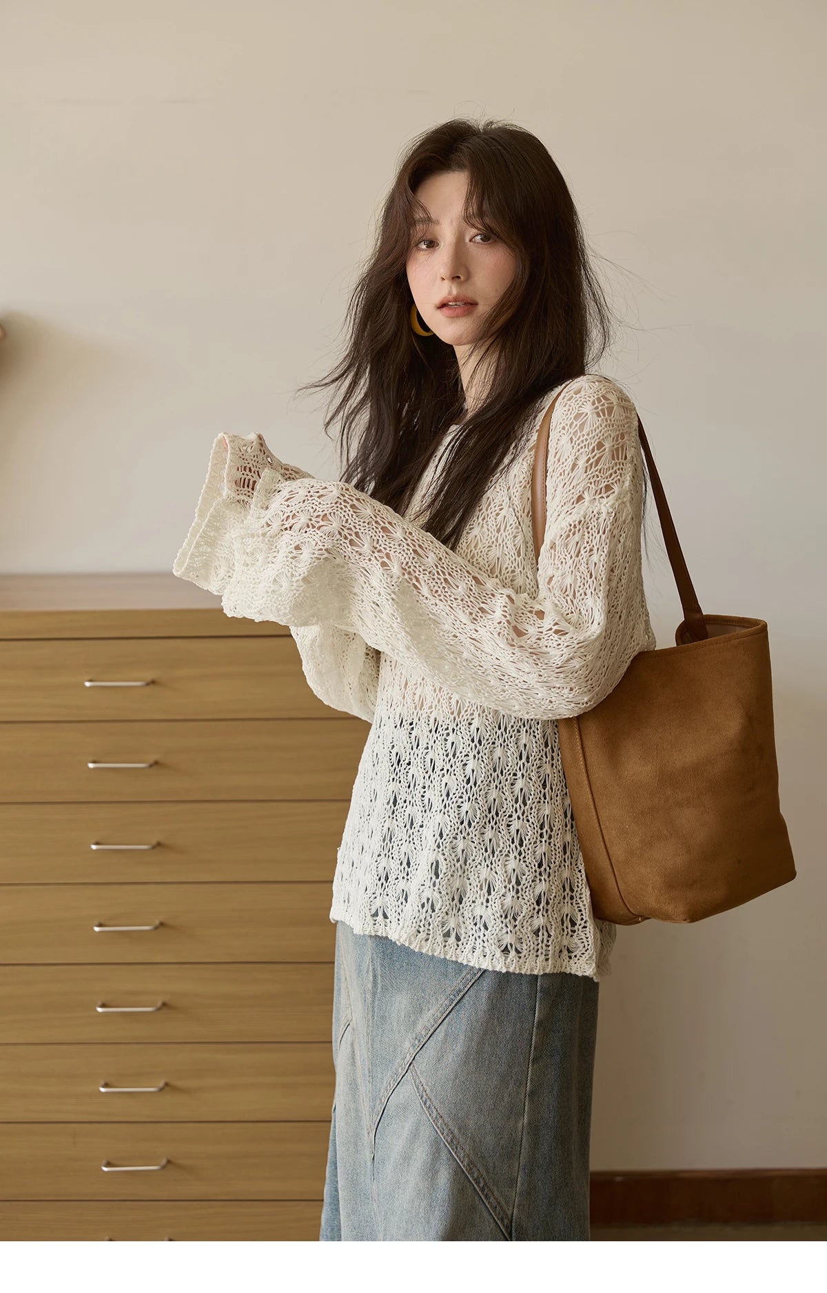 Mishow Hollow Jacquard Dropped Sleeve Sweater MXE43Z1360