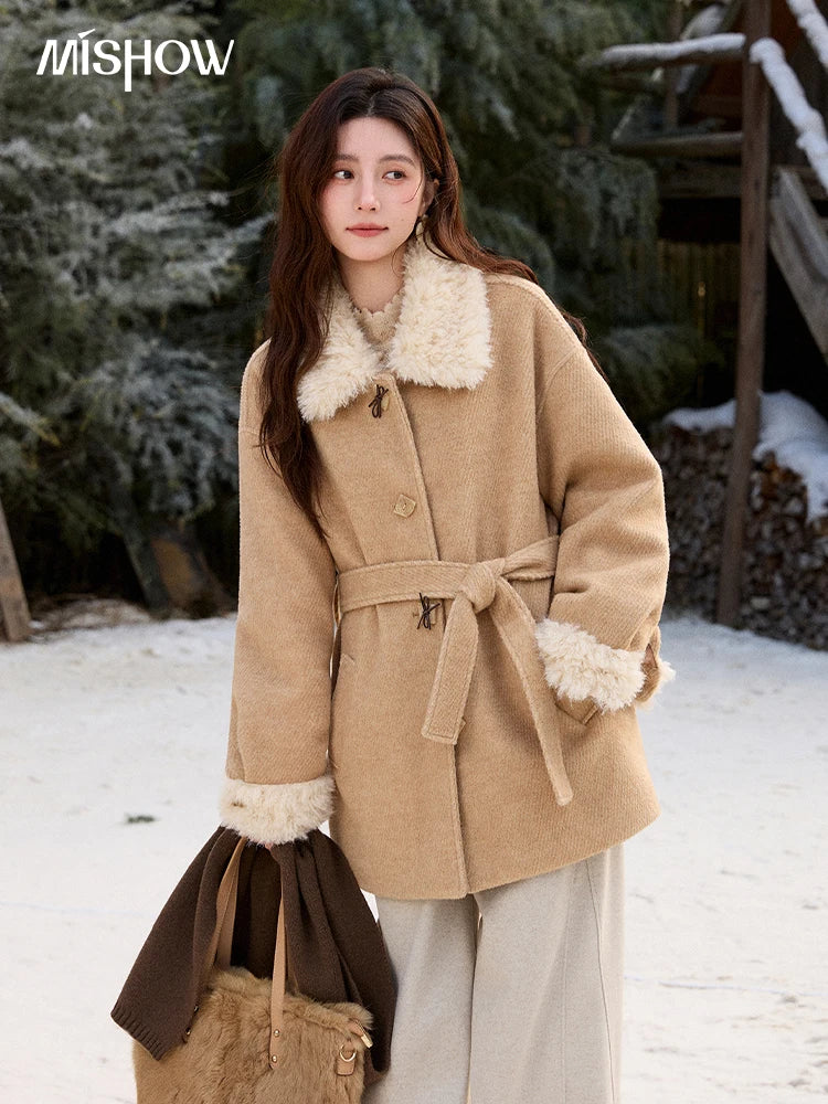 Mishow Thick Wool Blend Belted Patchwork Coat MXE92W0997