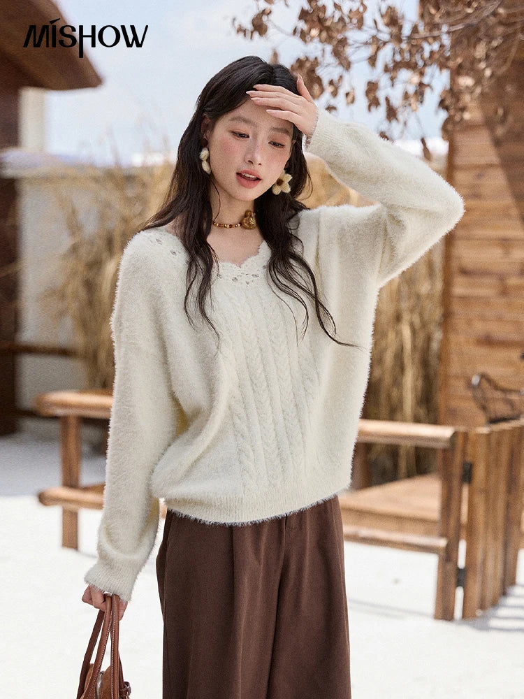 Mishow Apricot Soft V-Neck Cable Knit Pullover MXE51Z2594