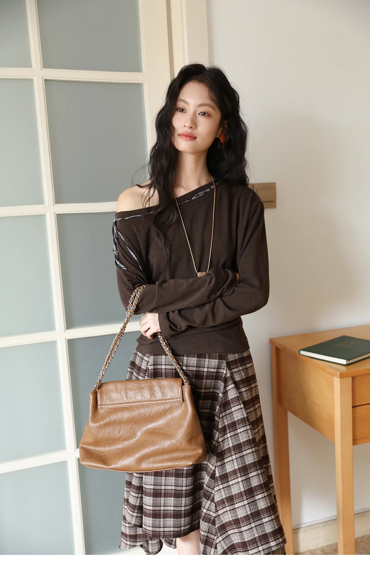 Mishow Slant Shoulder Dark Brown Strap Knit Top MXE45T1402