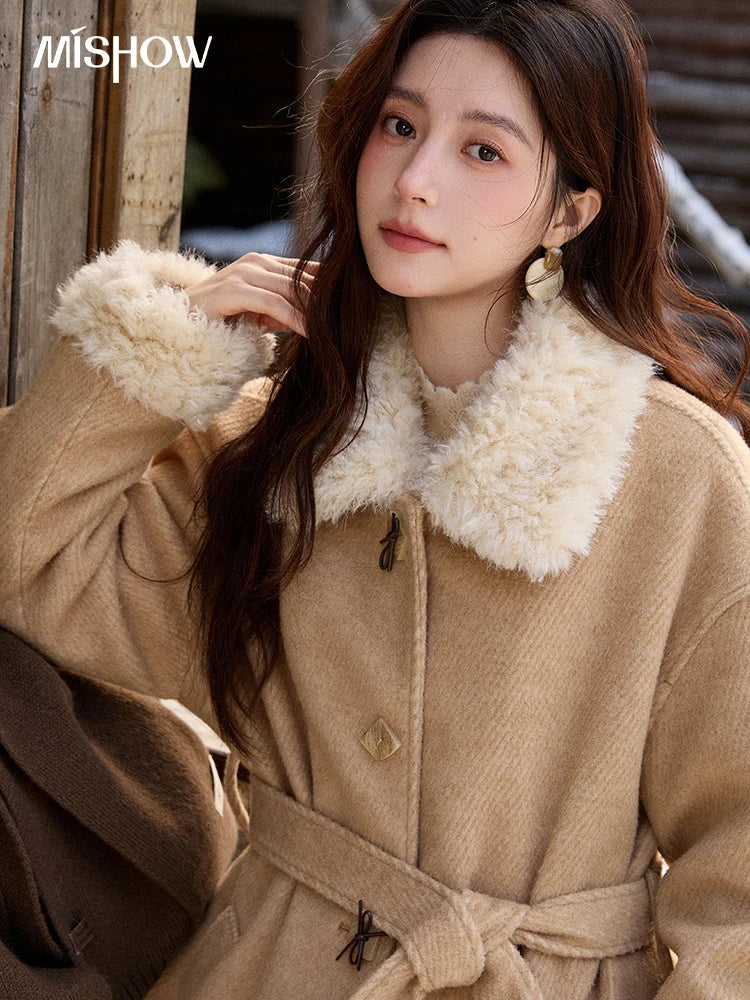 Mishow Thick Wool Blend Belted Patchwork Coat MXE92W0997