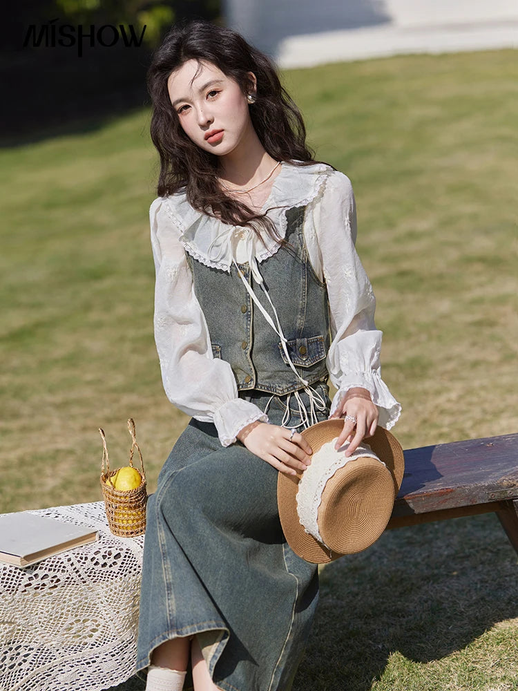 Mishow Korean Denim Vest Coat & Slim A-Line Midi Skirt Set MXE13W0731