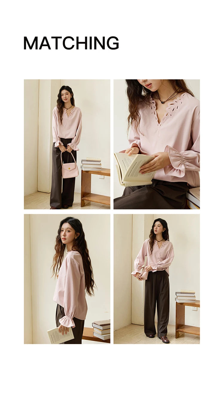 MISHOW French Style Hollow Out V-Neck Pink Blouse Long Sleeves MXE48X2502