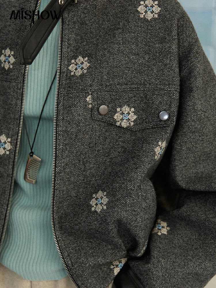 MISHOW Wool Blend Jacket Small Flower Embroidery Turtleneck Zipper MXE86W0906