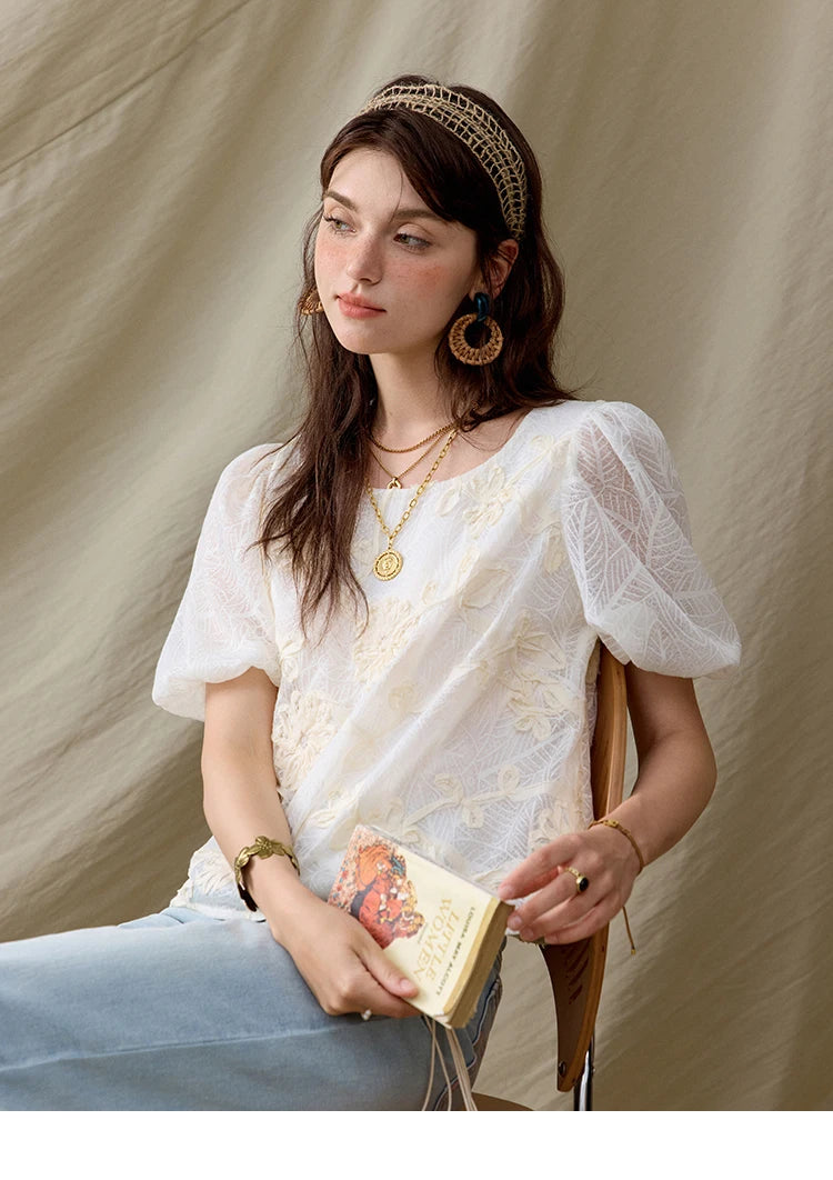 MISHOW Short Puff Sleeve Blouse Round Neck Jacquard MXE32X1772