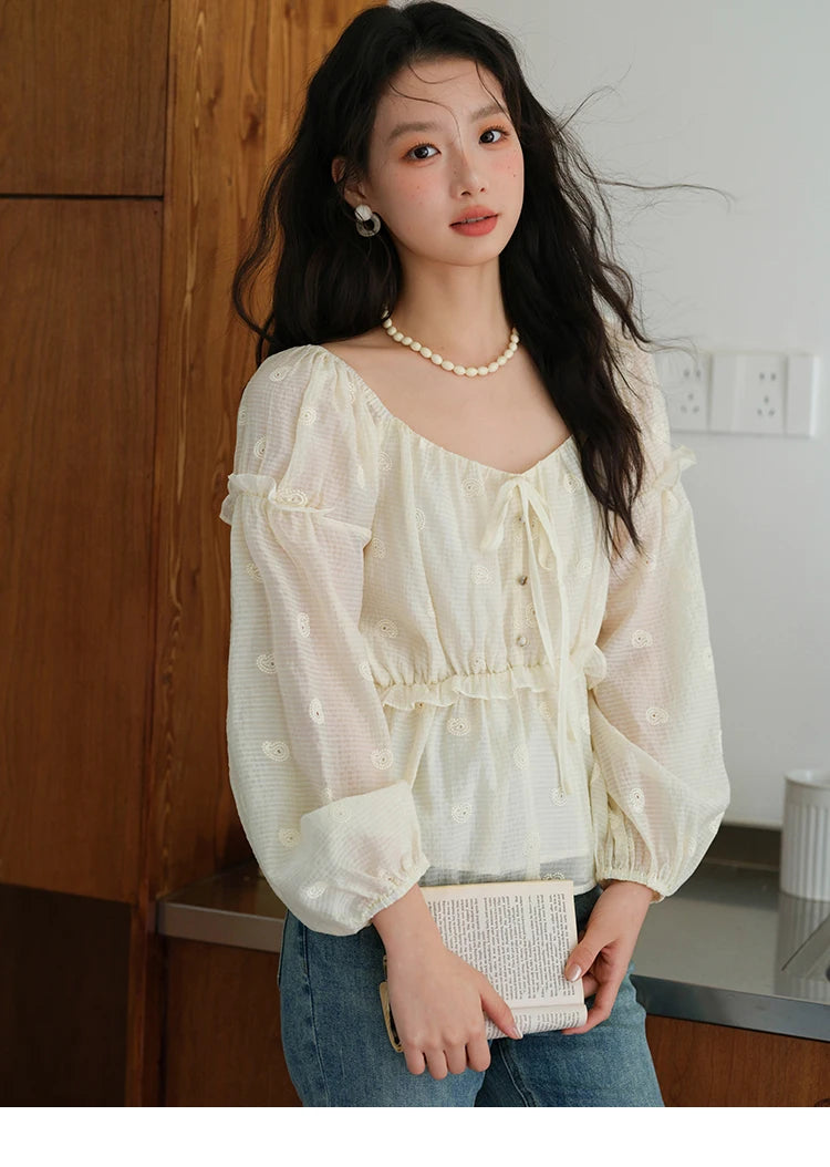 MISHOW Cashew Flower Embroidered Blouse V-Neck Lace Up Puff Sleeve MXE41X1945