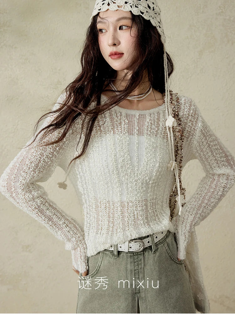 Mishow Apricot White Hollow Mohair Drop Sleeve Top MXE12Z1120