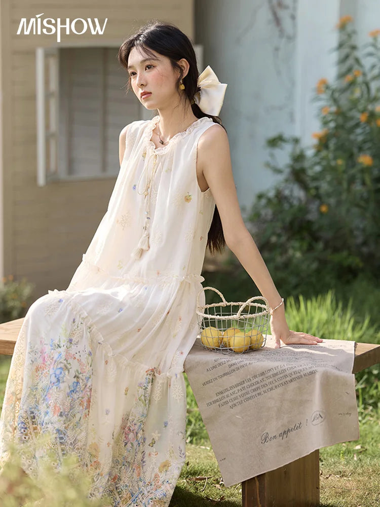 Mishow Mushroom Edge O-Neck Lace Up Tassel Dress MXE36L2253