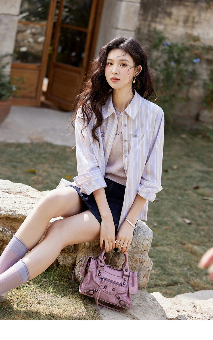 MISHOW Purple Striped Loose Shirt Turn-Down Collar MXE13C0407