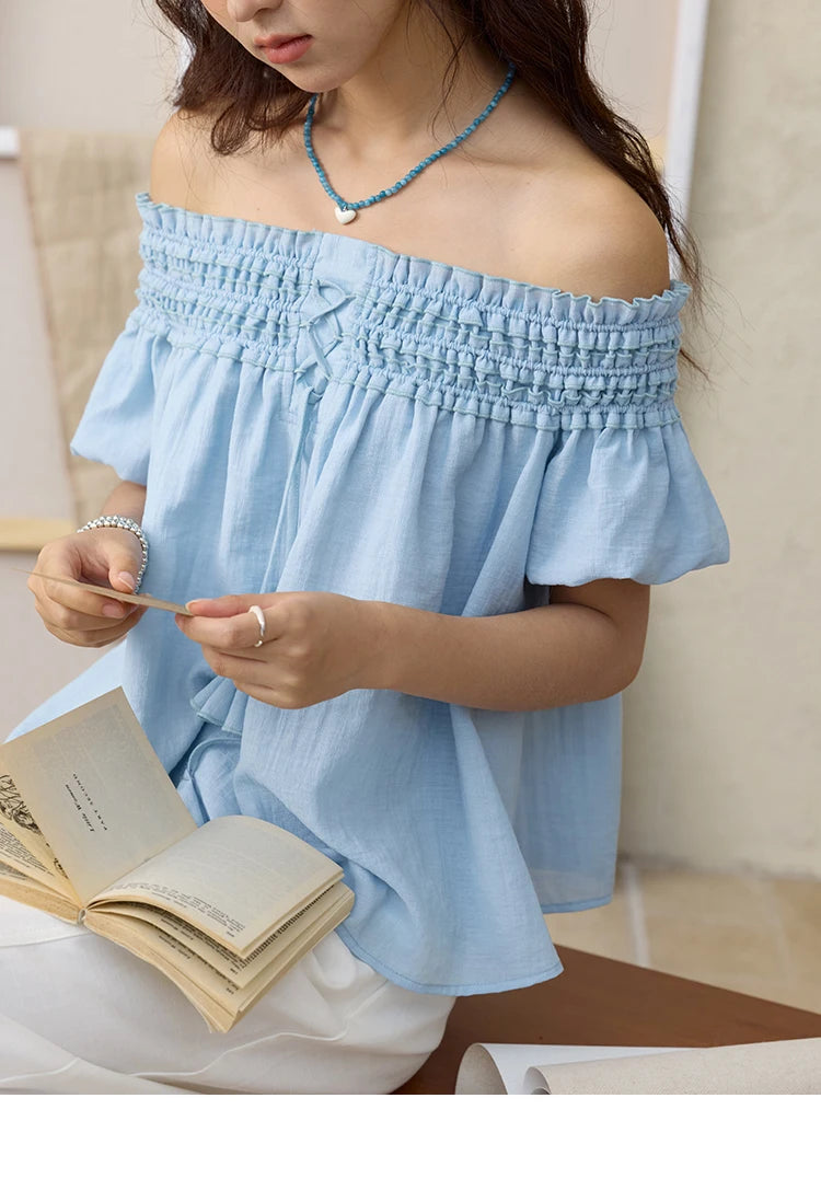 MISHOW Mist Blue One Shoulder Blouse Elastic Pleated Puff Sleeve MXE34X1796